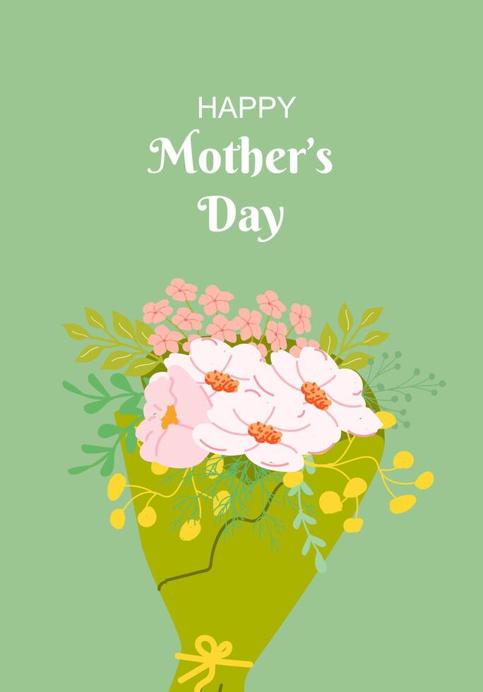 Happy mother's day floral bouquet with pink and white flowers on green background vector