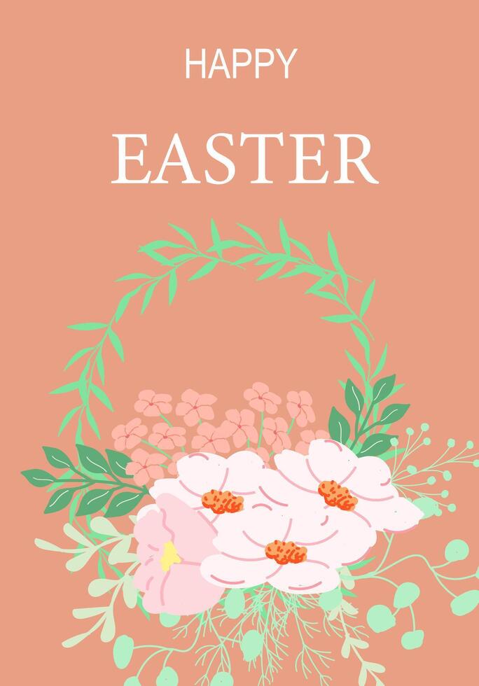 Easter greeting card design with floral wreath and happy message vector