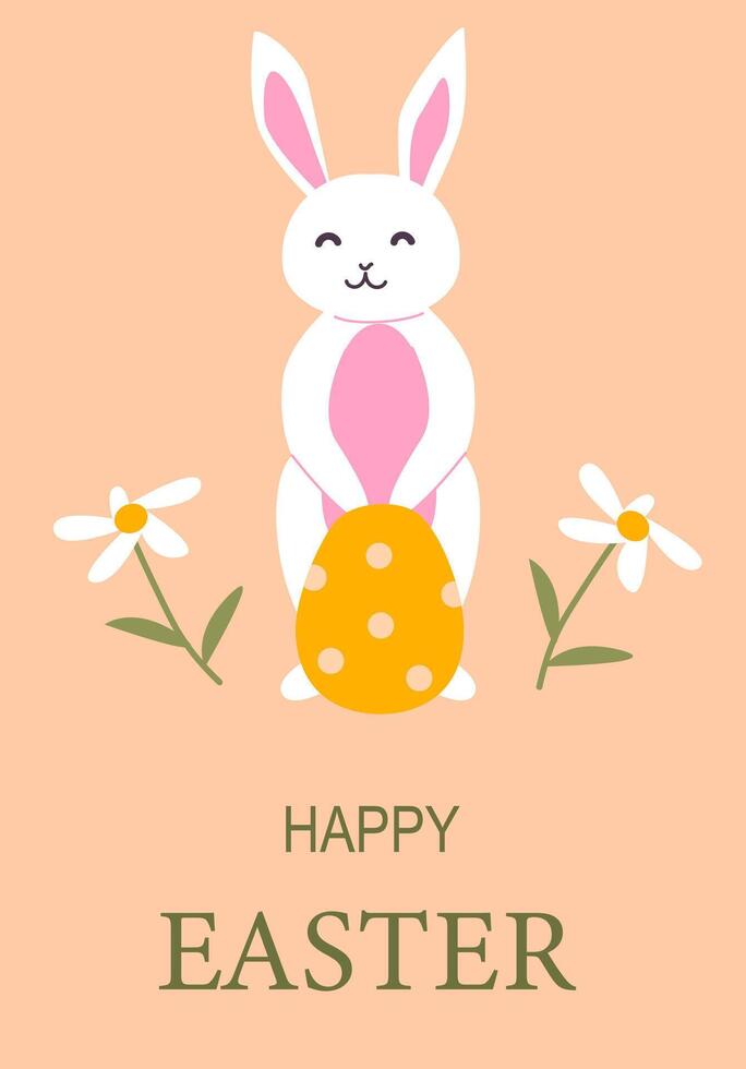 Happy easter bunny with egg and flowers poster design for festive celebration vector