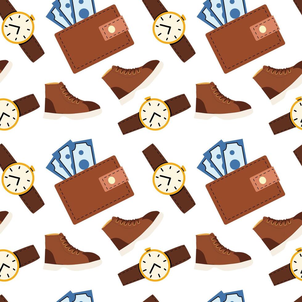 Happy father day celebration pattern with wallets, watches, shoes, and money design for cards and posters vector