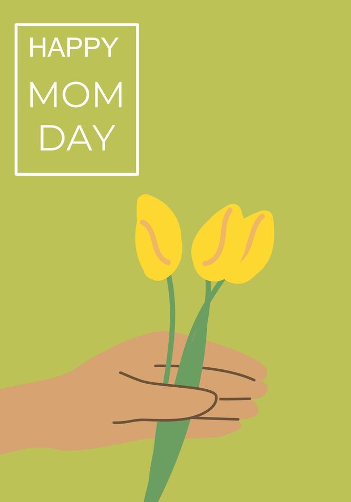 Happy mother day card with hand holding yellow tulips on green background vector