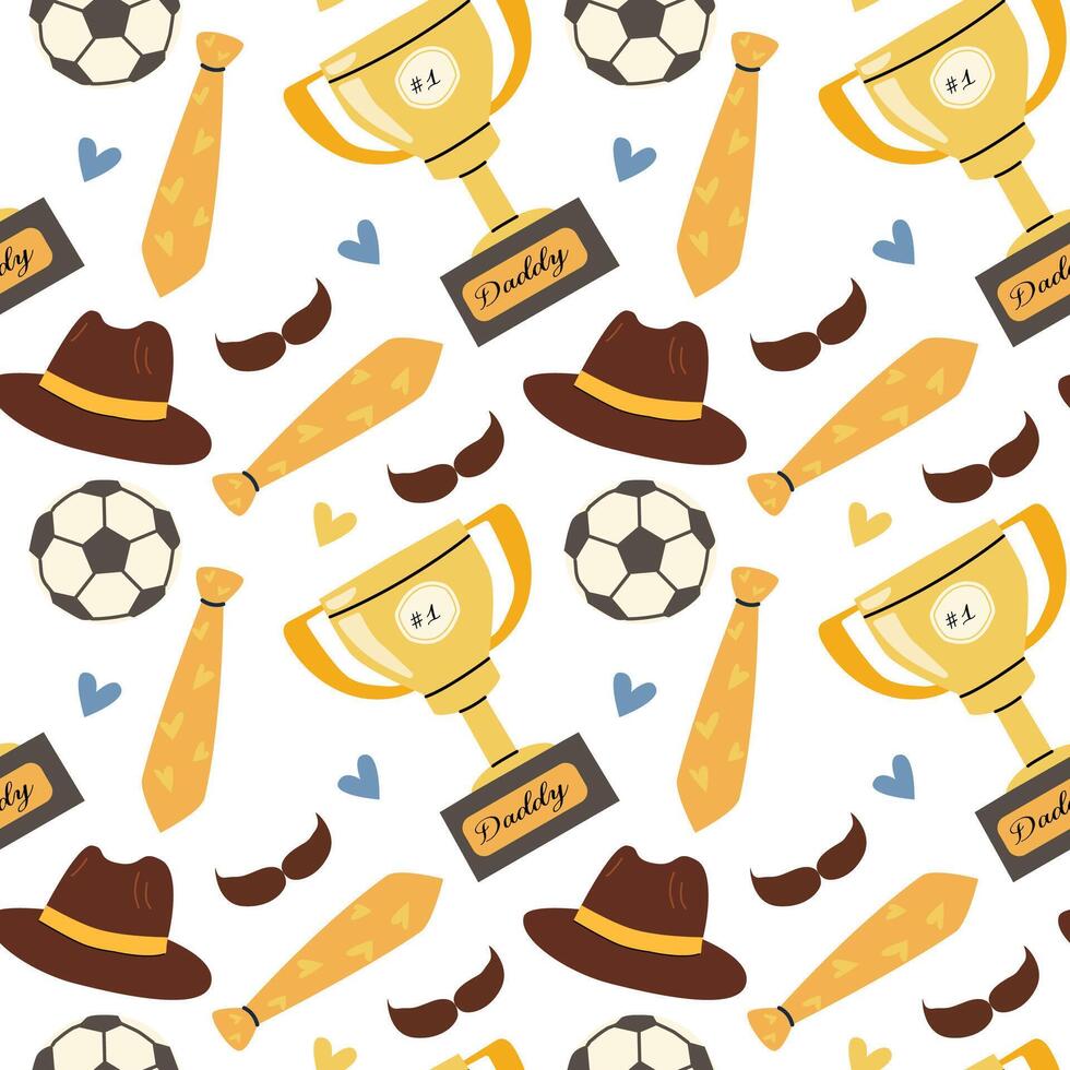father day celebration pattern with trophies, soccer balls, ties, and hats for greeting card design vector