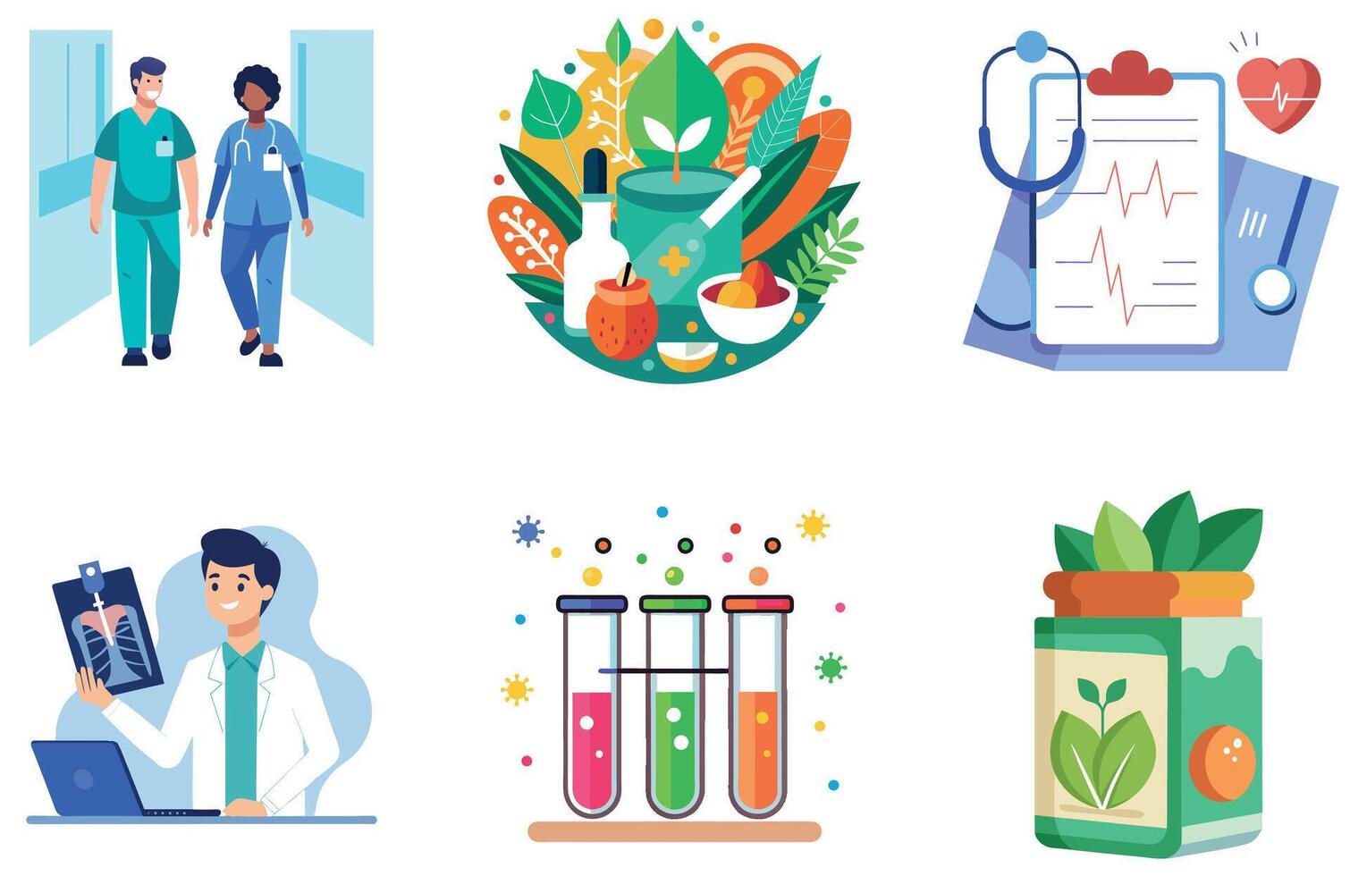 Modern Clinic. Bundle of Advanced Medical Treatment. Medicine Collection Stickers vector