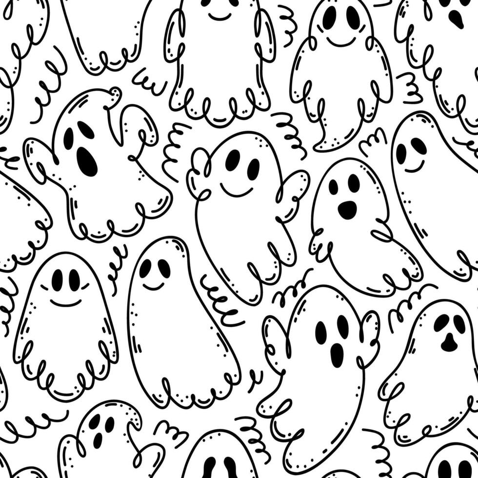 Seamless pattern with ghosts in doodle style on white background. vector