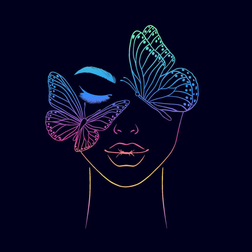 Woman's face with closed eyes.Butterflies on her face. Gradient colors. vector