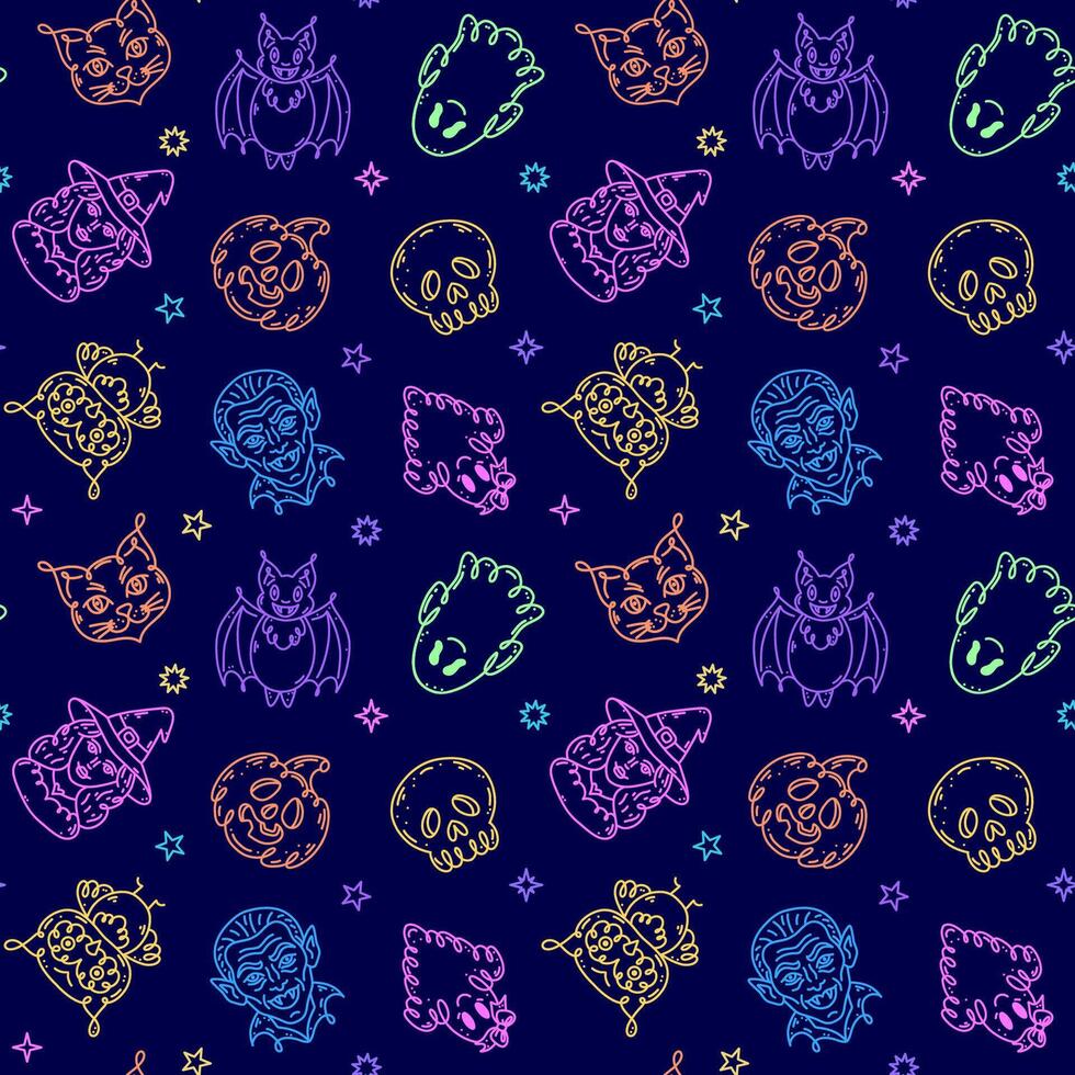 Seamless pattern with characters in doodle style on the theme of the Halloween holiday. vector