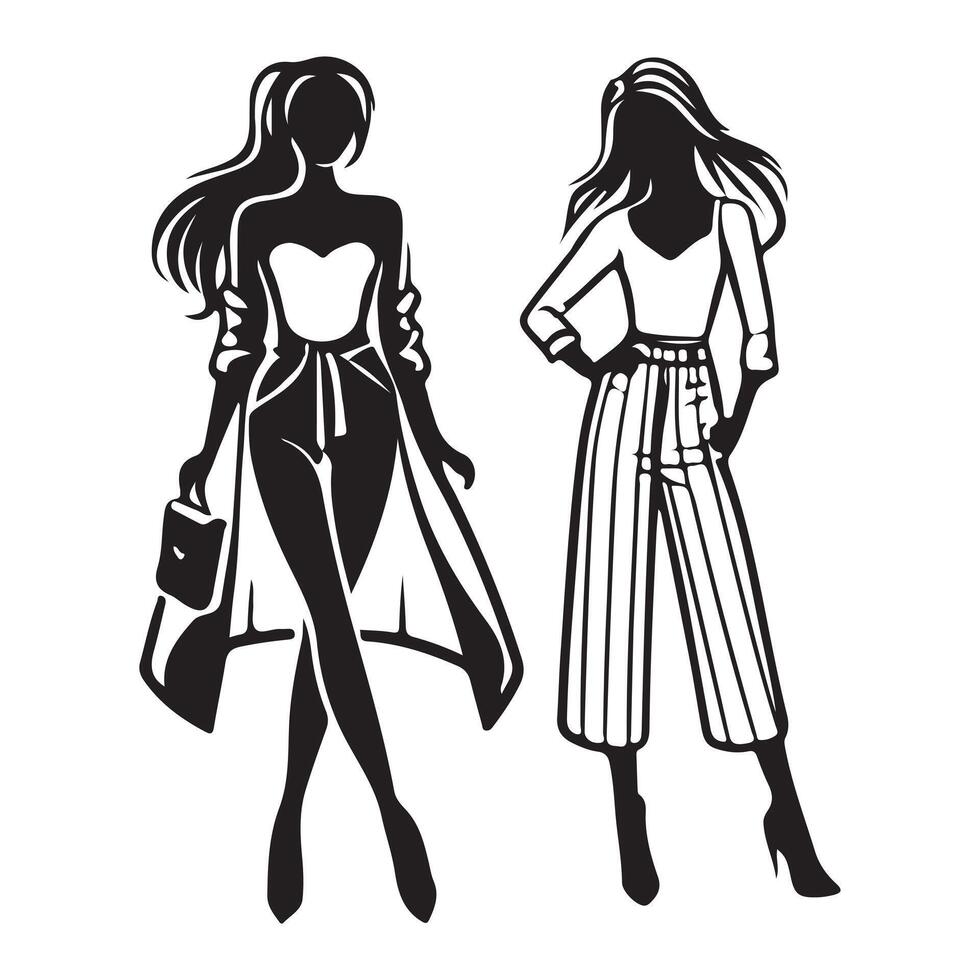 Fashionable Women Art, Black and White Outlines, Isolated Design, Silhouette vector