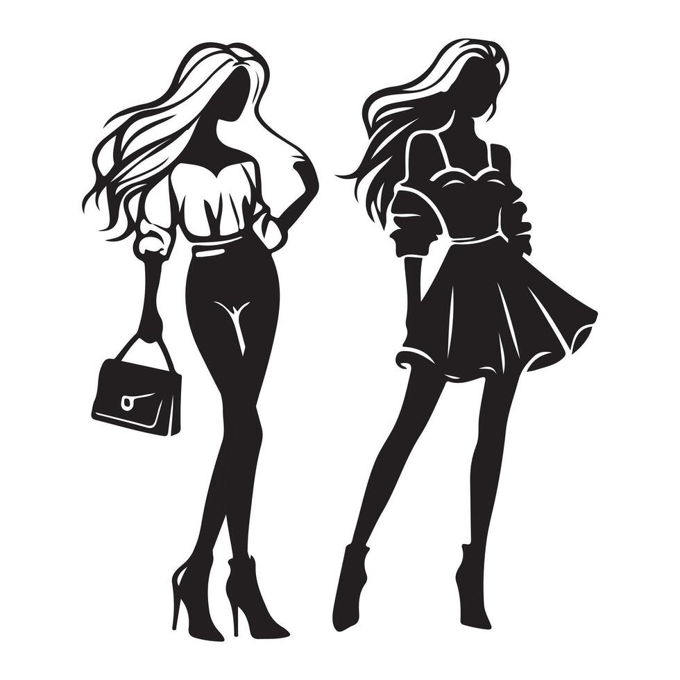 Fashion Silhouette Set, Two Women in Outfits, Black and White Style, Isolated on White vector