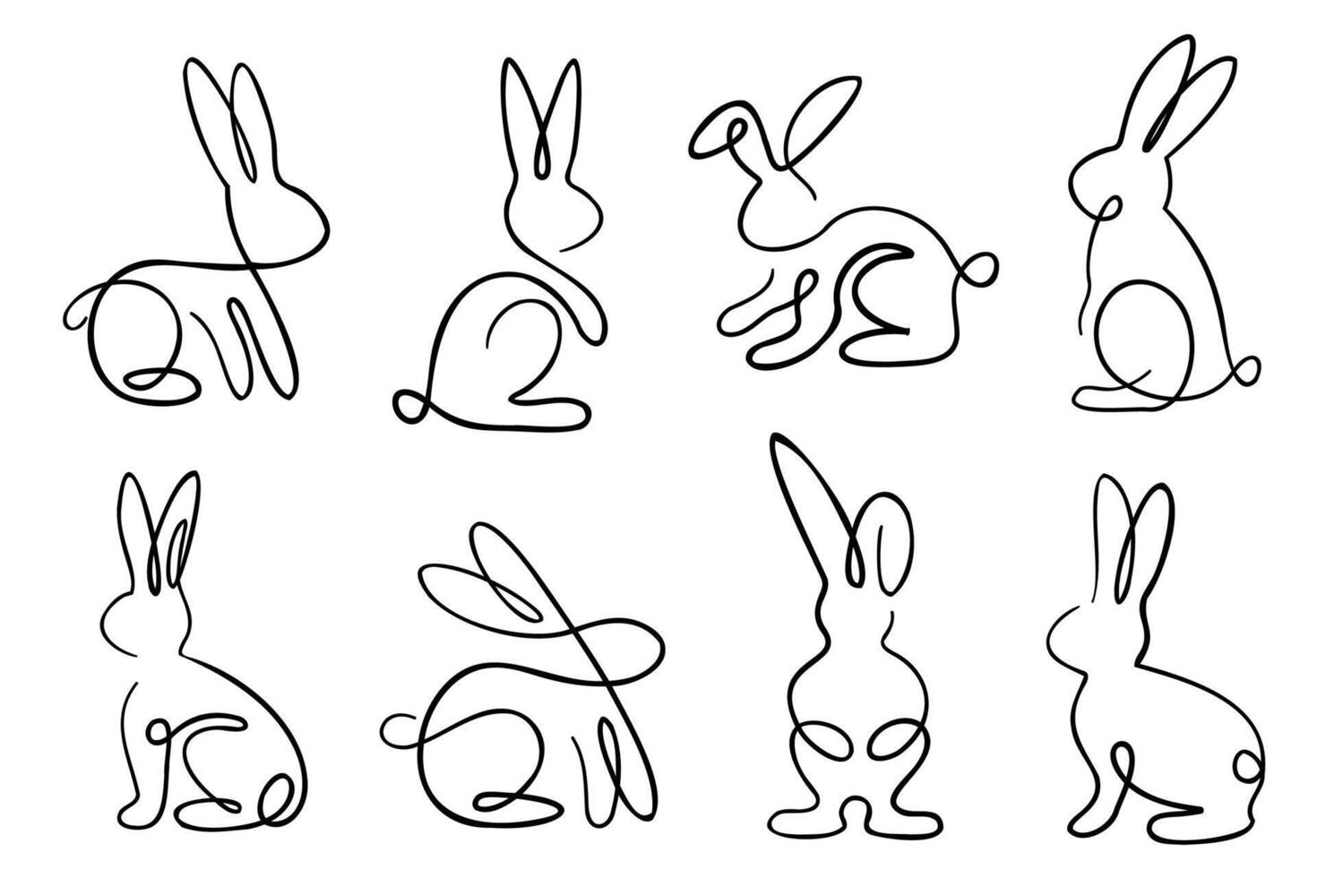 Minimalistic bunnies line drawings with continuous line. Rabbits illustration set with single line rabbits. vector