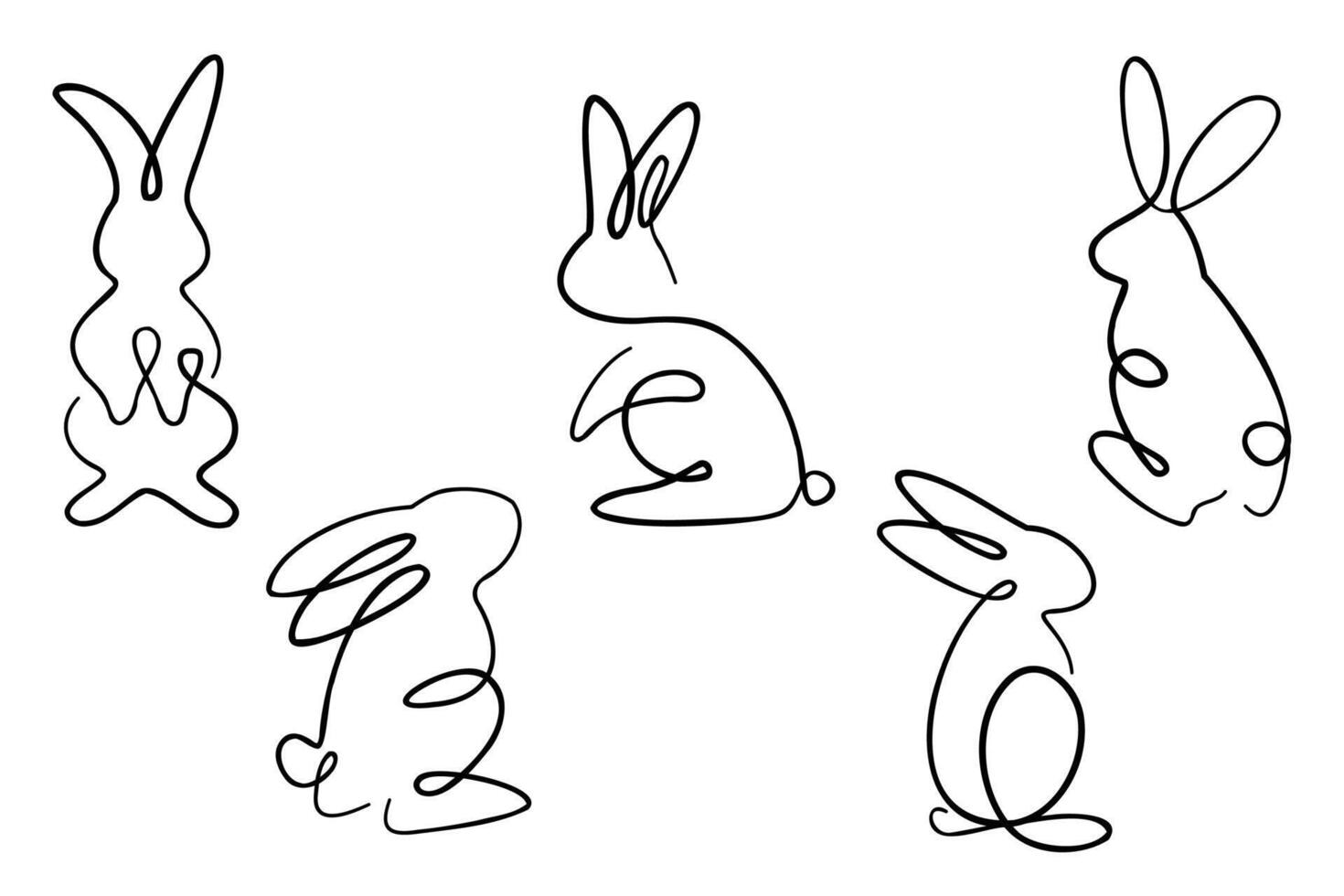 Hand drawn line art bunnies with continuous line. Rabbits linear sketch set. vector