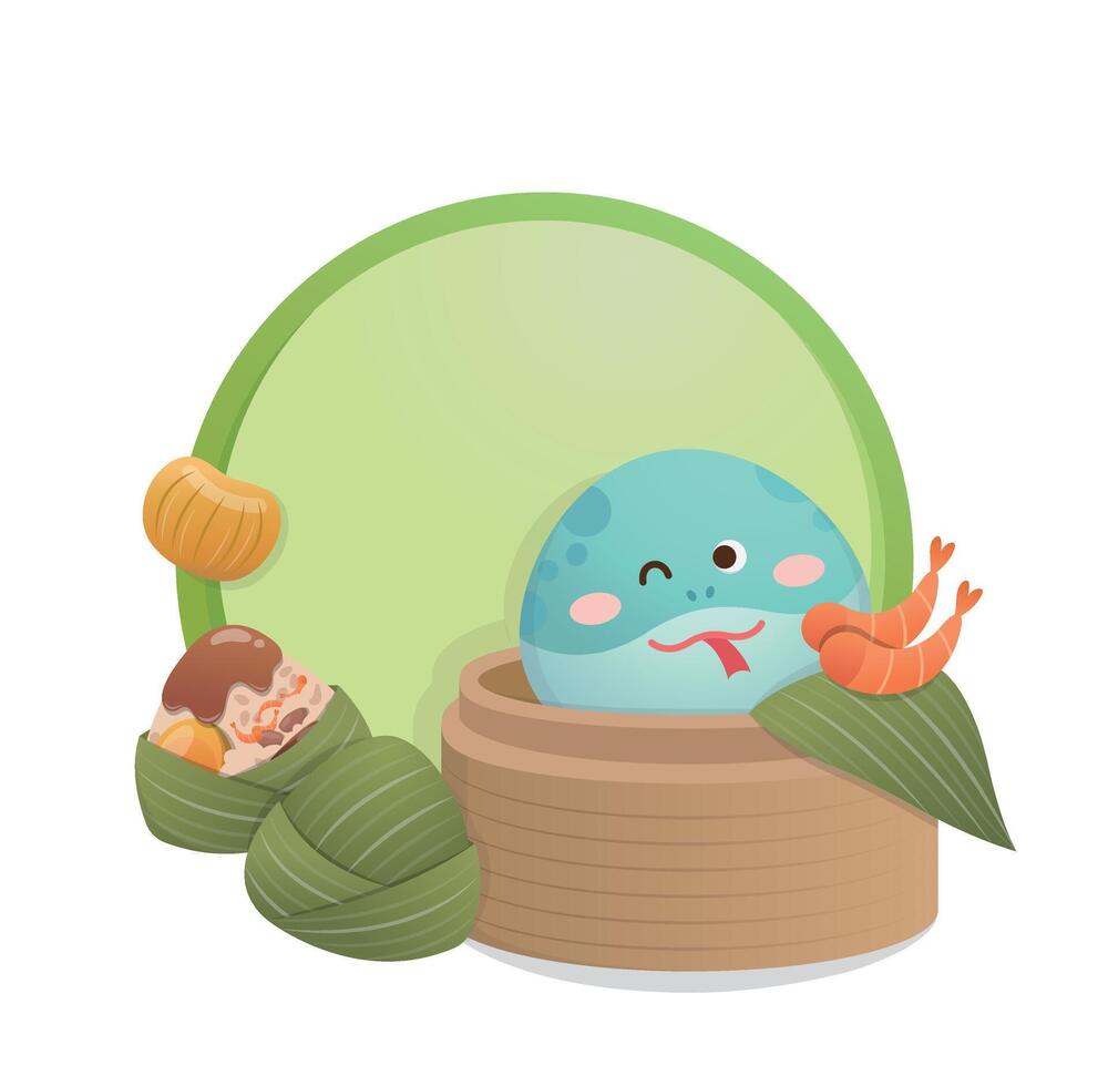 Round green template with snake and zongzi cartoon characters, commercial advertising template vector