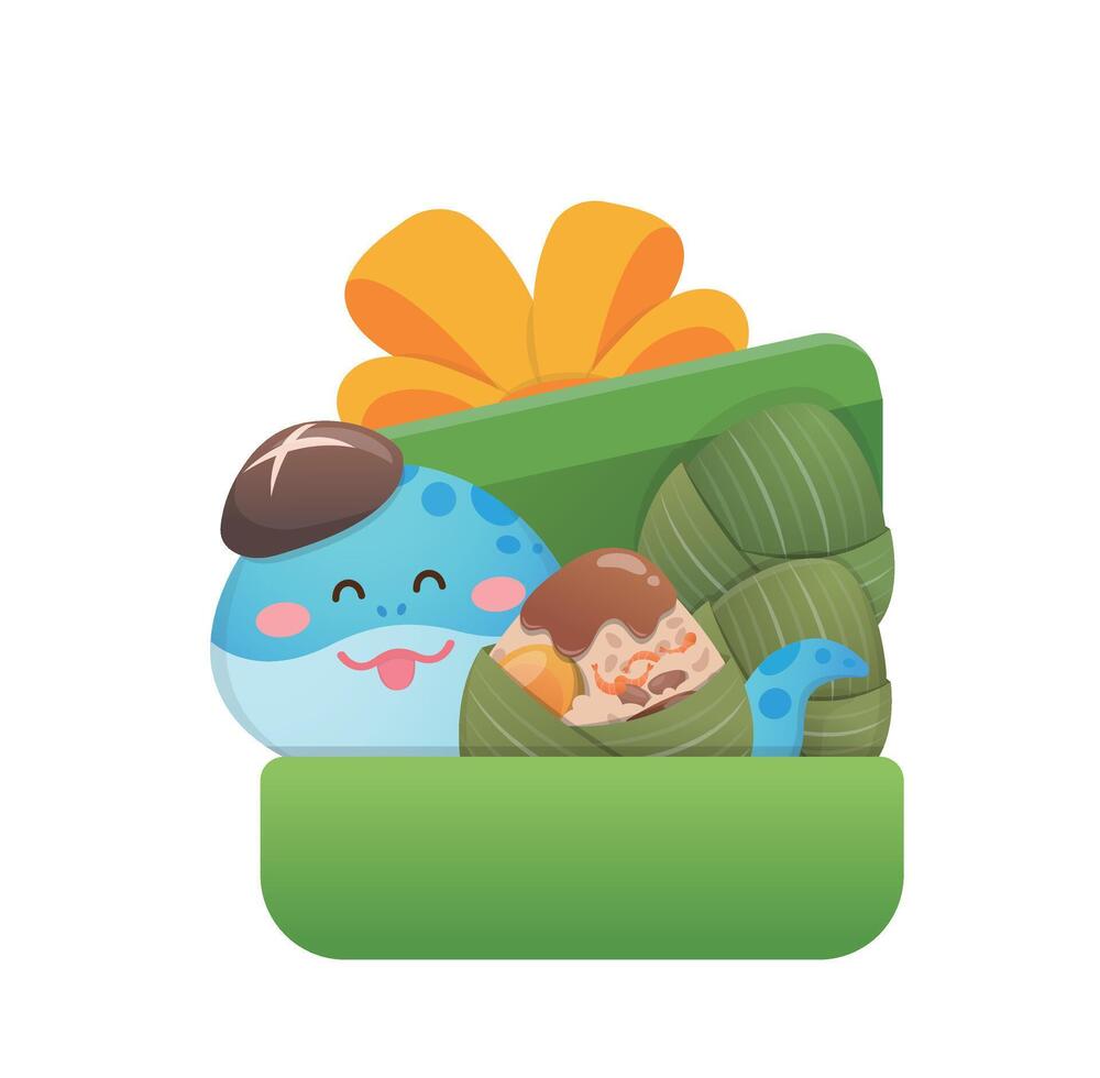 Green gift box with cute and playful snake mascot, Dragon Boat Festival and rice dumplings vector