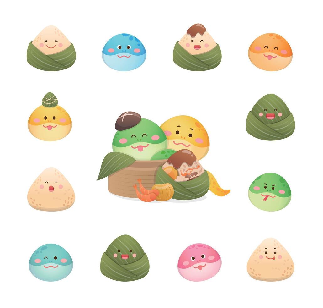 Snake and glutinous rice mascots for the Dragon Boat Festival, a collection of avatars with various playful expressions vector