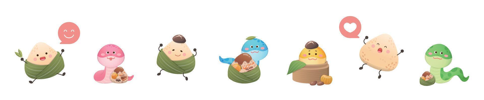 A playful set of snakes and glutinous rice dumplings, Dragon Boat Festival illustration vector