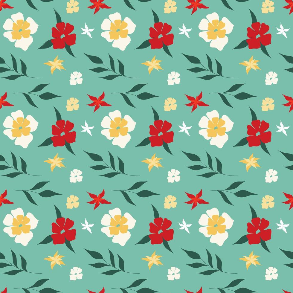 Seamless floral pattern with red, yellow and white flowers on a green background vector