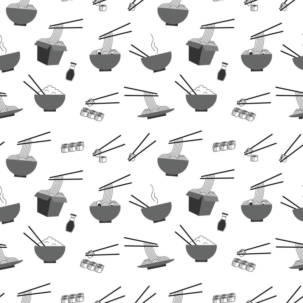 seamless pattern with Asian food. Rolls, noodles, soy sauce, eggs. Packaging for the brand. vector