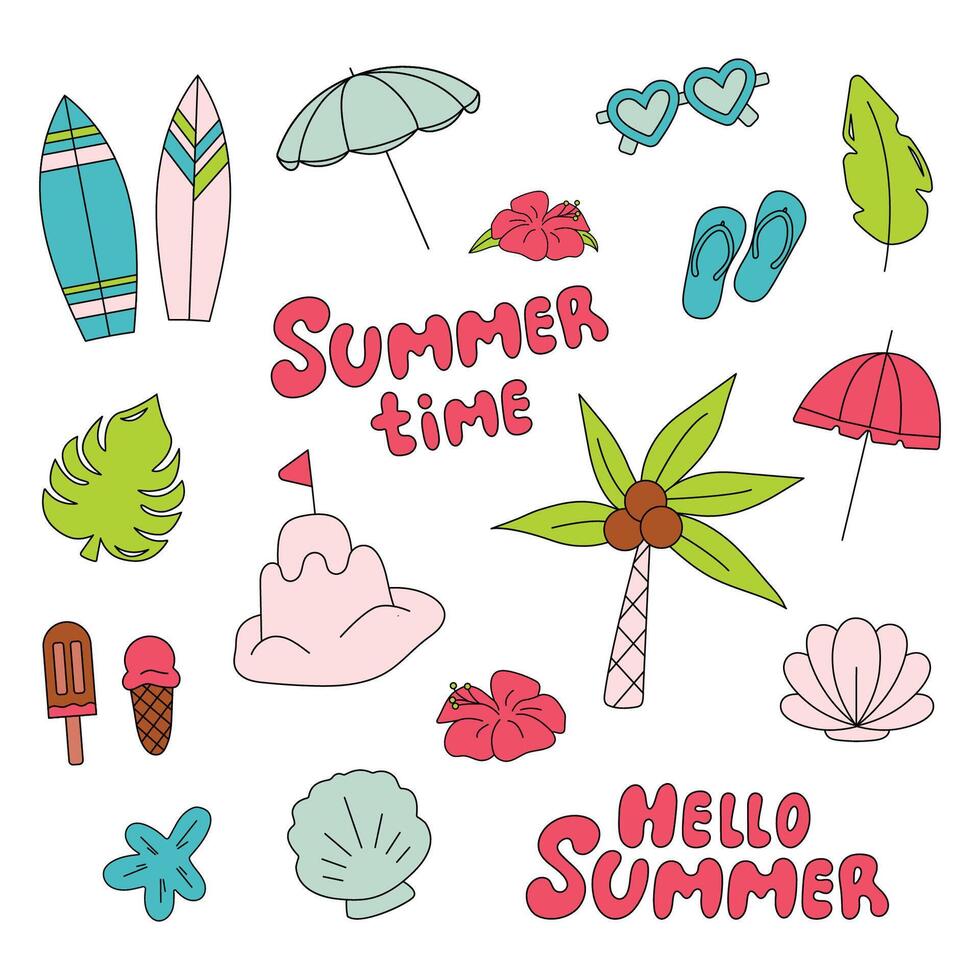 set of items for vacations, vacations, and travel. Beach accessories icons for websites. Tropical vacation. vector