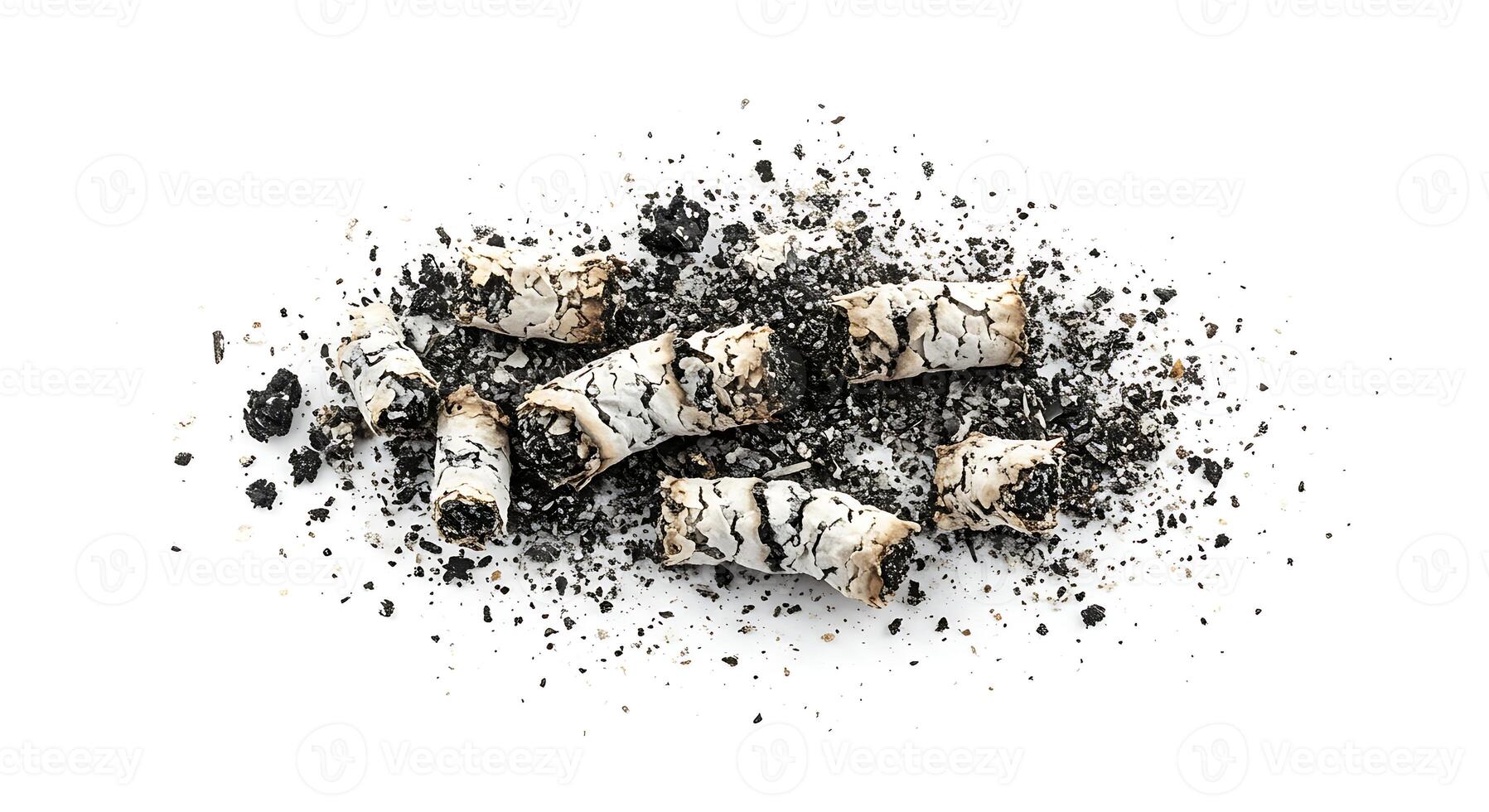 Closeup of Ash and Burned Cigarette Butts Isolated White Background grey life lung dust mess smoke photo