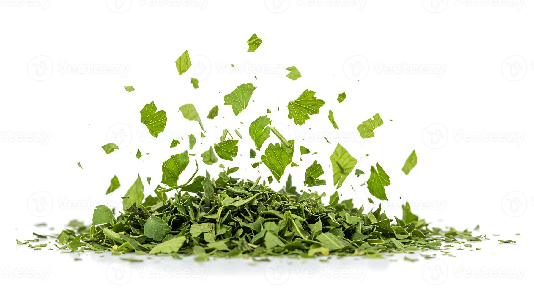 Fresh Green Parsley Leaves Falling Pile Herbal Food Ingredient diet shot spice vegan white image photo