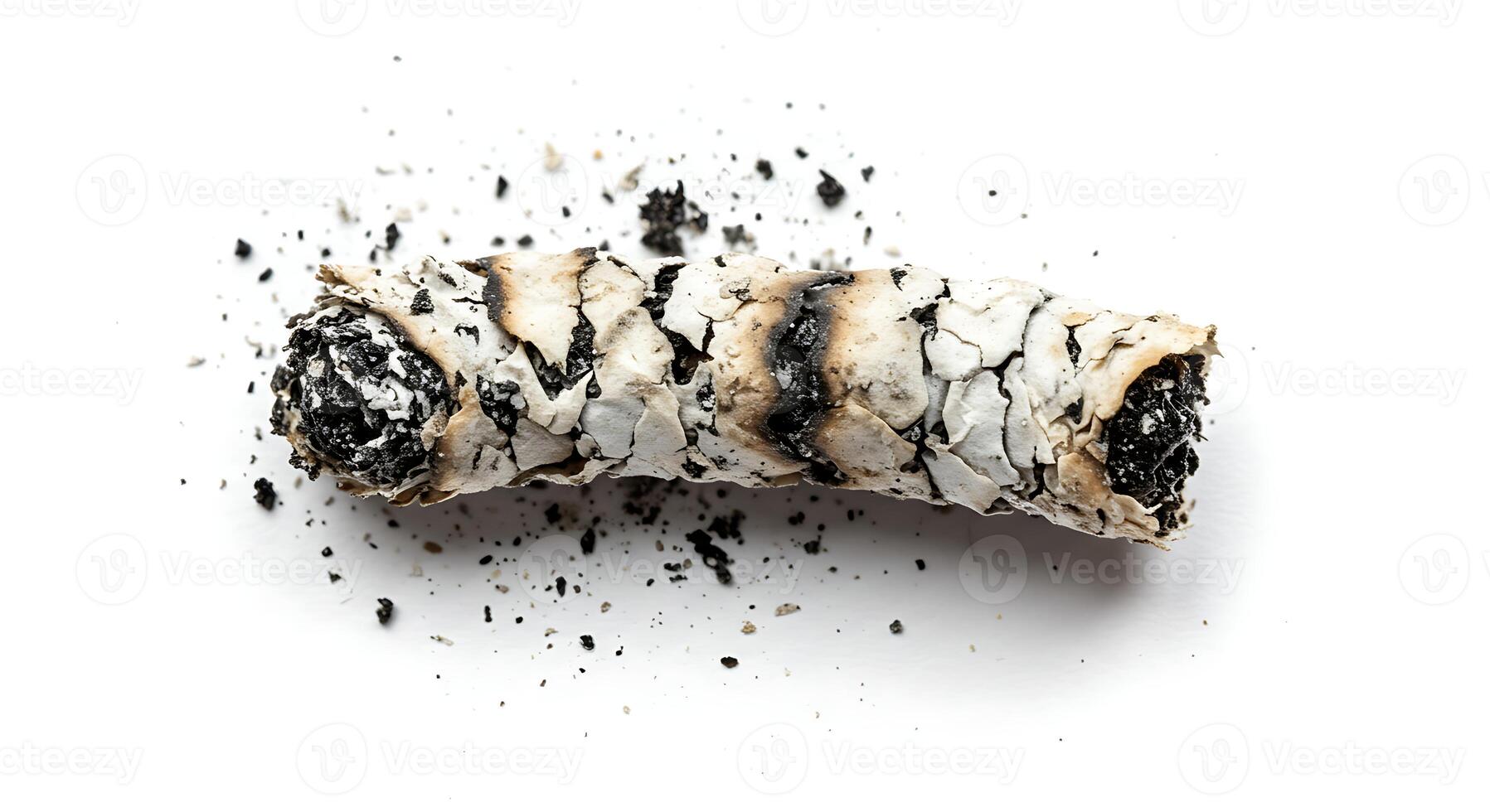 Closeup of a Burnt Cigarette Butt Ash White Background end gray life shot smoke black macro image photo