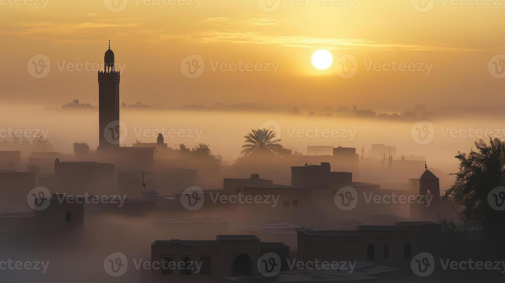 A serene sunrise over a misty landscape featuring buildings and a tower photo