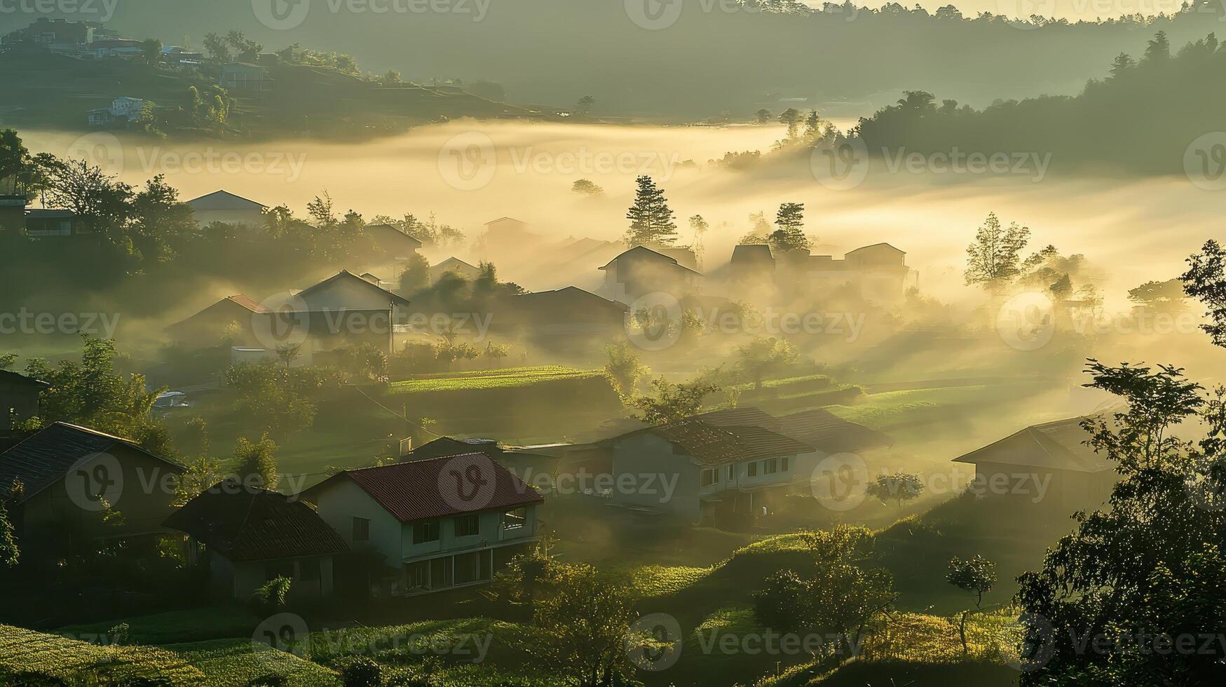 A serene landscape with mist enveloping houses and lush greenery at dawn. photo