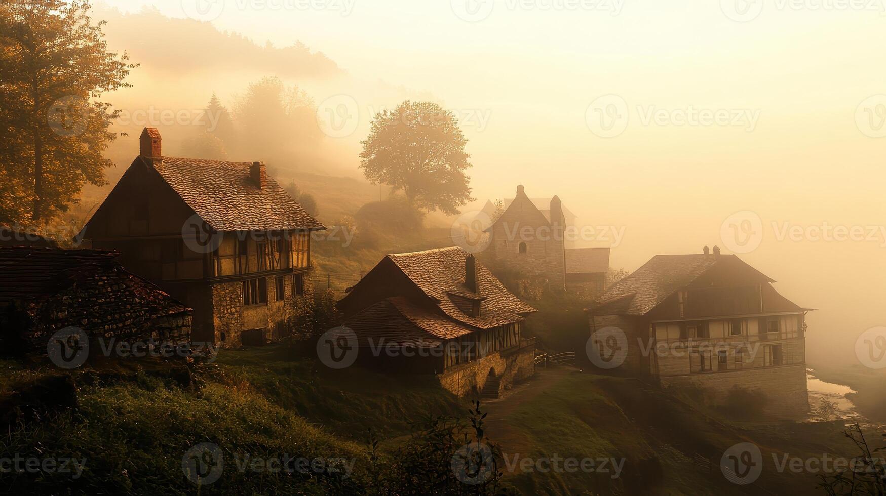 A serene landscape featuring misty houses in a foggy environment. photo