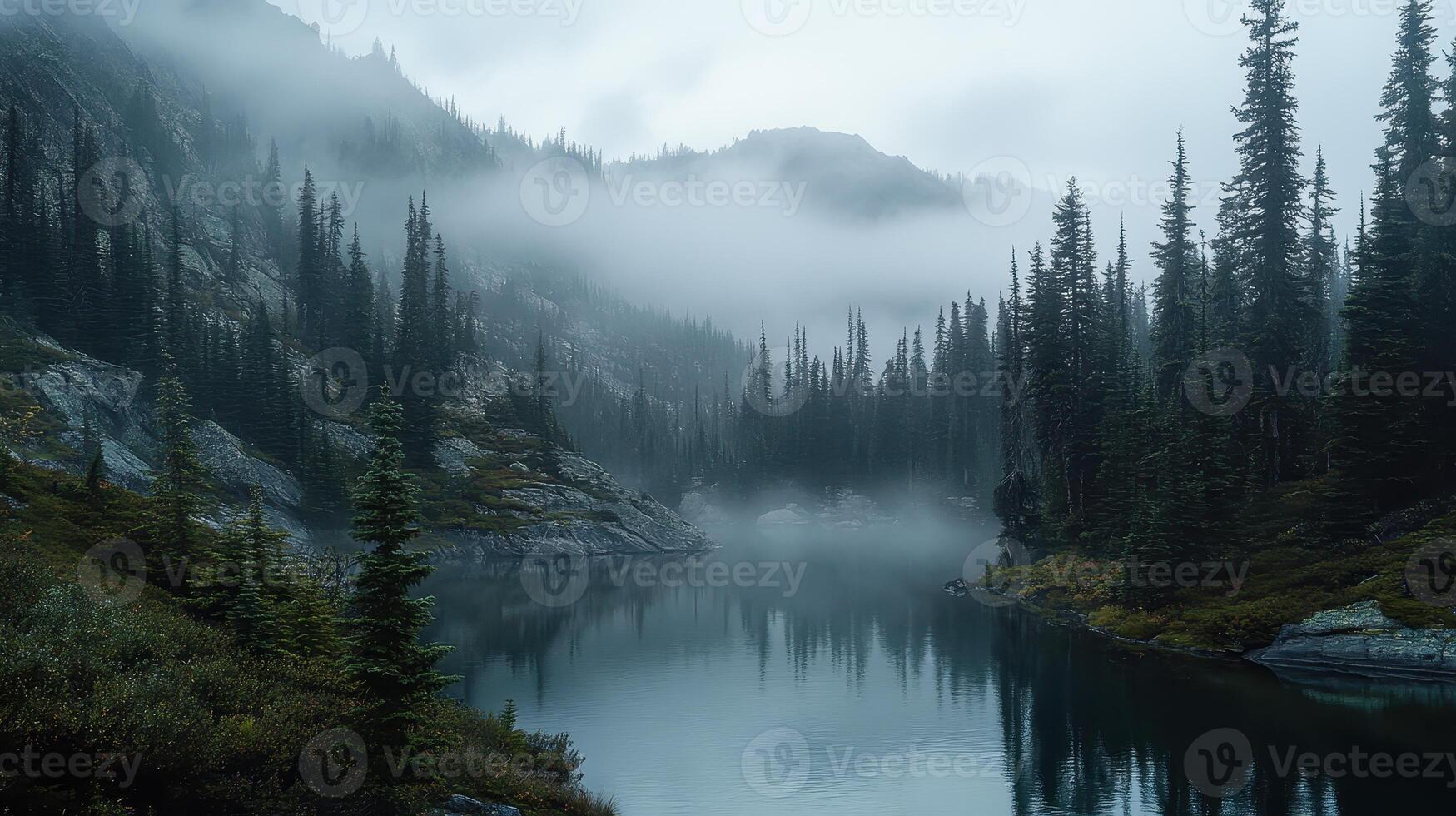 A serene misty lake surrounded by towering pine trees and rugged mountains. photo