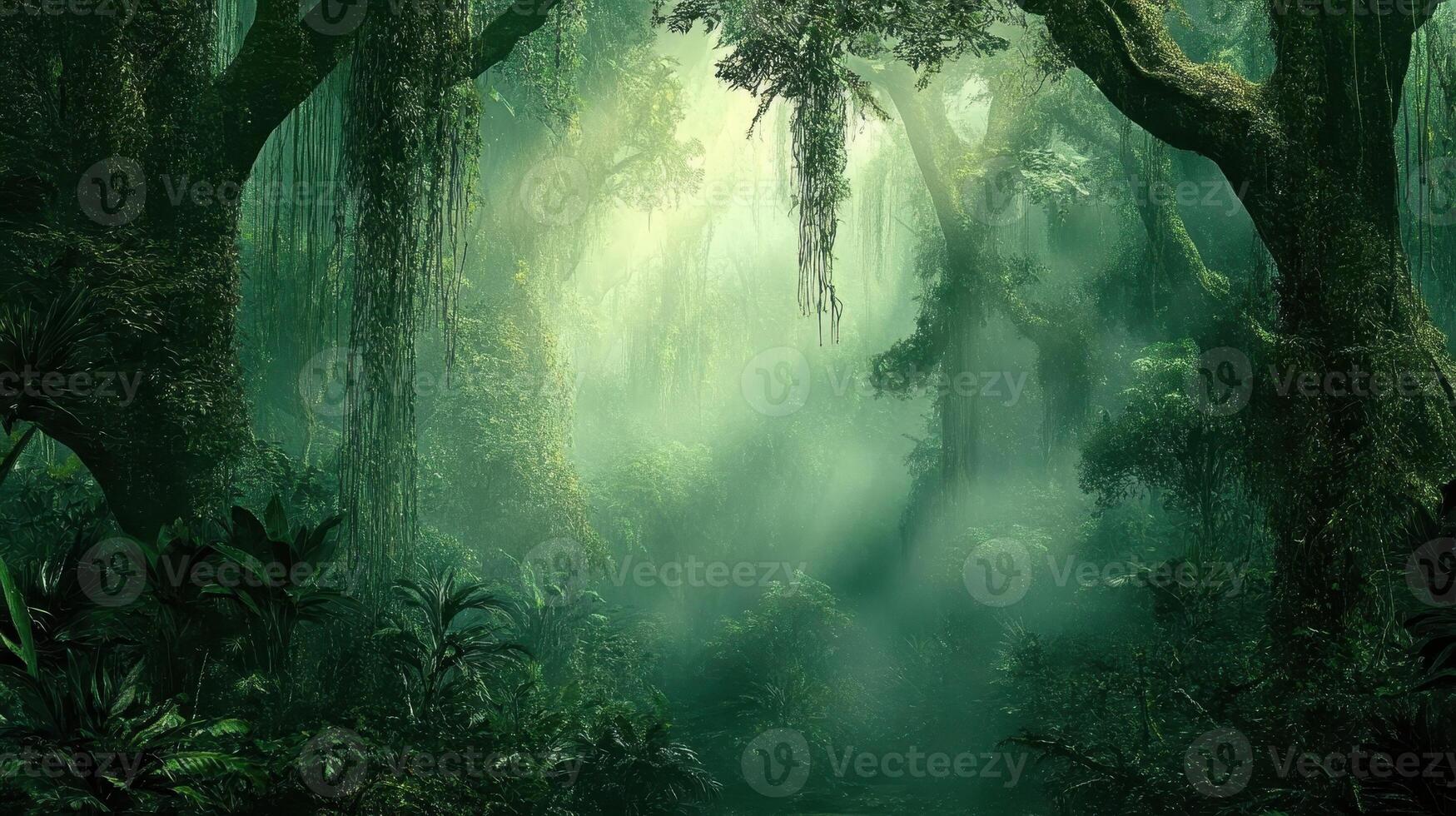 A serene jungle scene with soft light filtering through dense foliage. photo