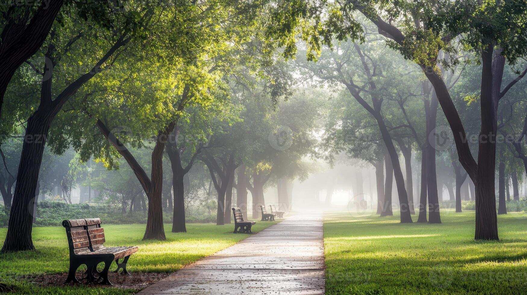 A serene park pathway lined with benches and trees, enveloped in morning mist. photo