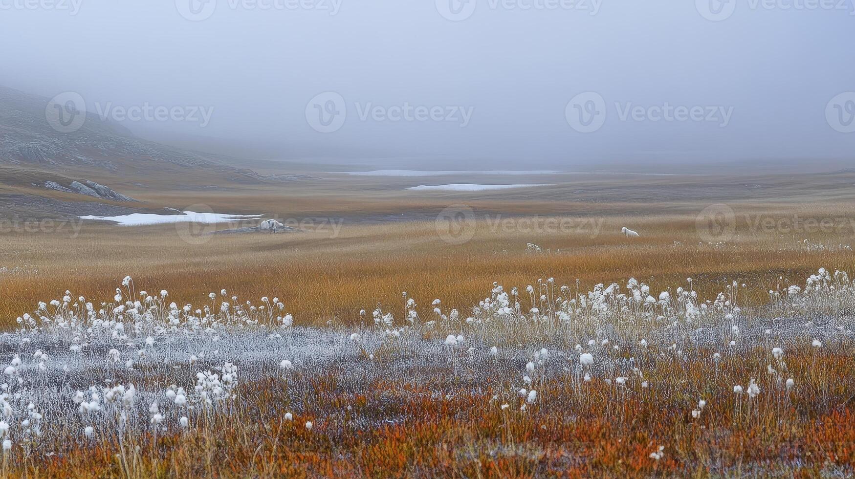A serene landscape featuring fog, colorful grasses, and white flowers in a tranquil setting. photo