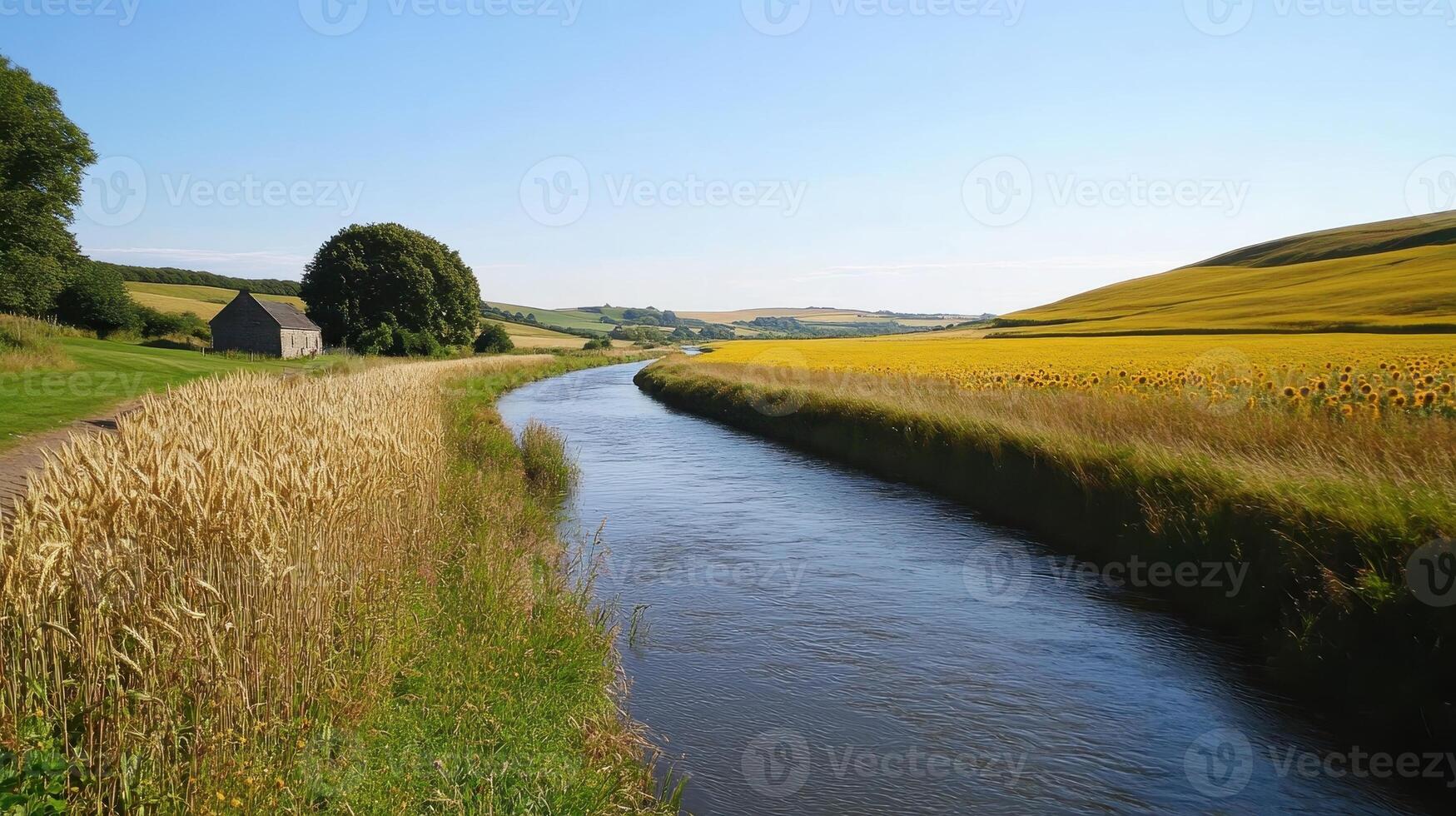 A serene landscape featuring a river bordered by fields and a small building under a clear sky. photo