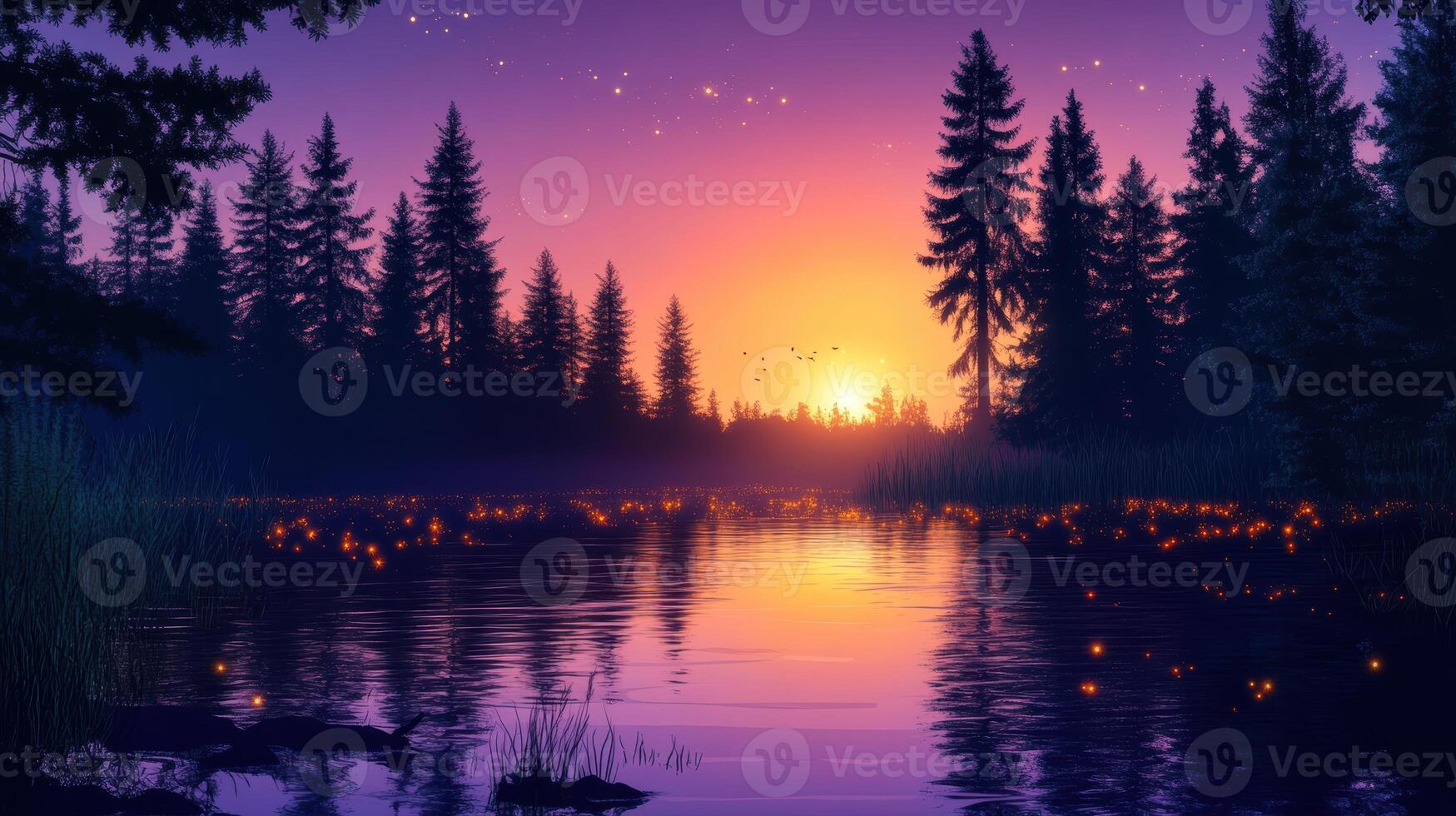 A serene sunset over a tranquil lake, surrounded by tall trees and glowing fireflies. photo