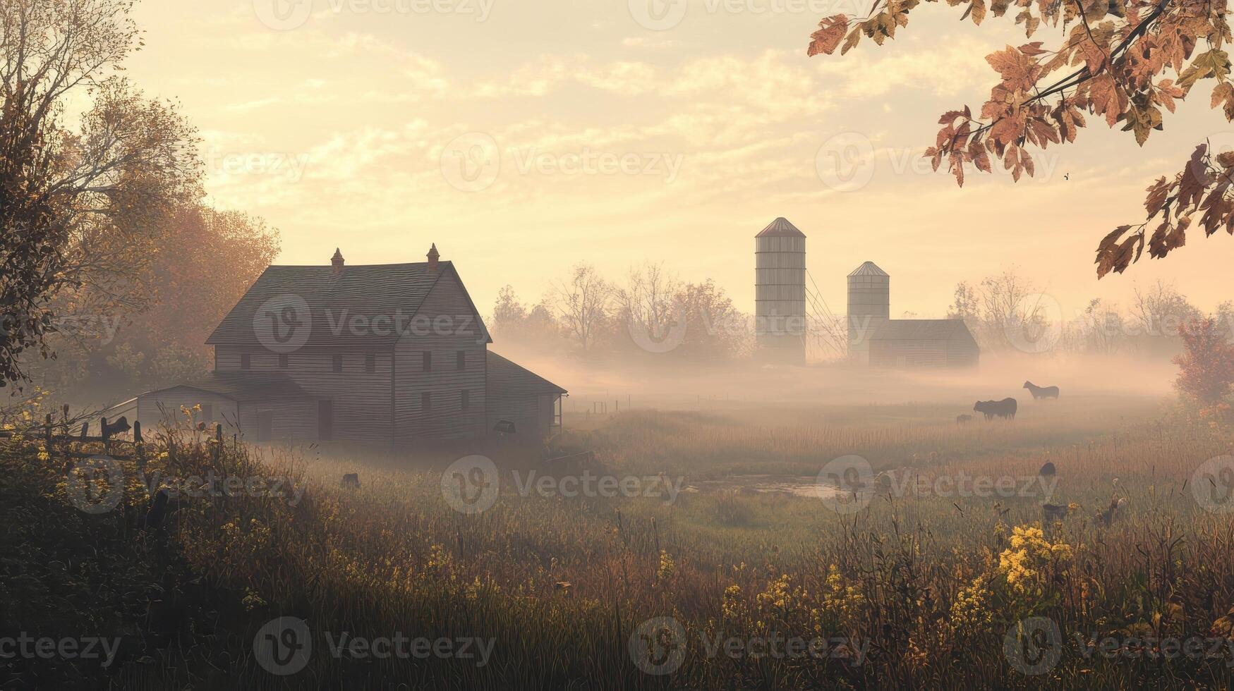 A serene rural landscape with a farmhouse, silos, and cows in a misty morning setting. photo
