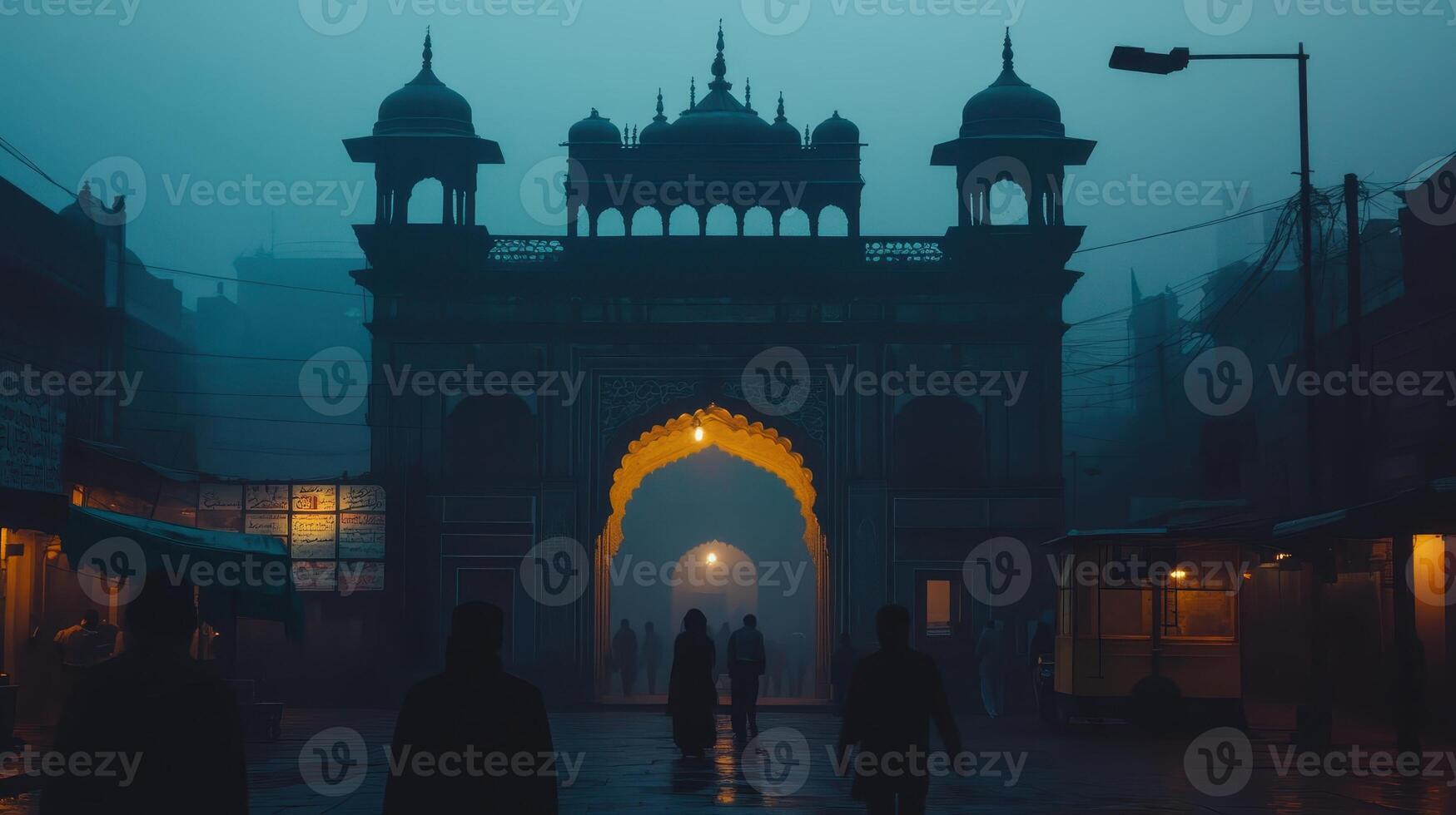 A silhouetted archway illuminated in fog, creating a mysterious atmosphere. photo