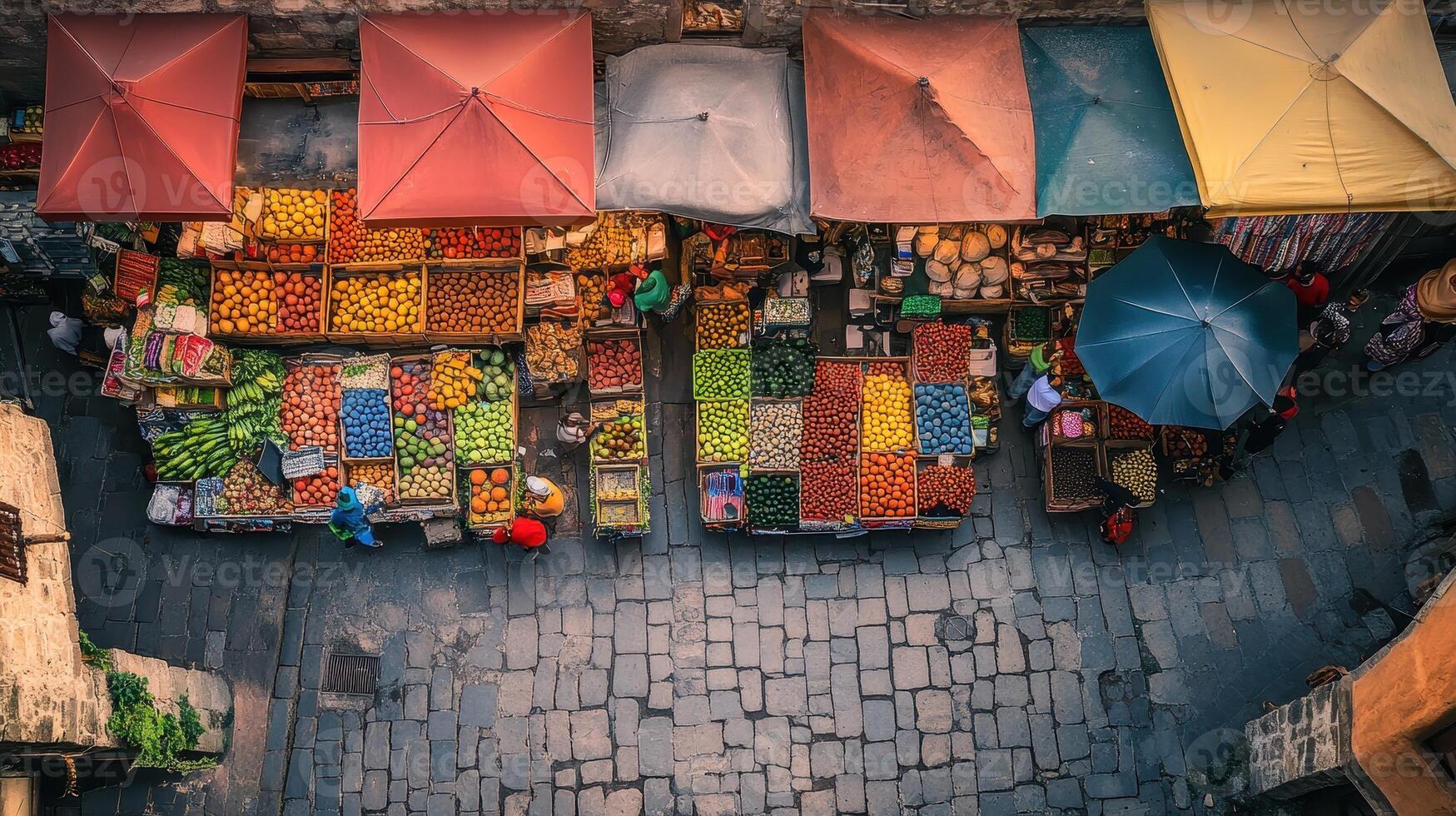 A vibrant market scene showcasing an array of fruits and vegetables under colorful canopies photo