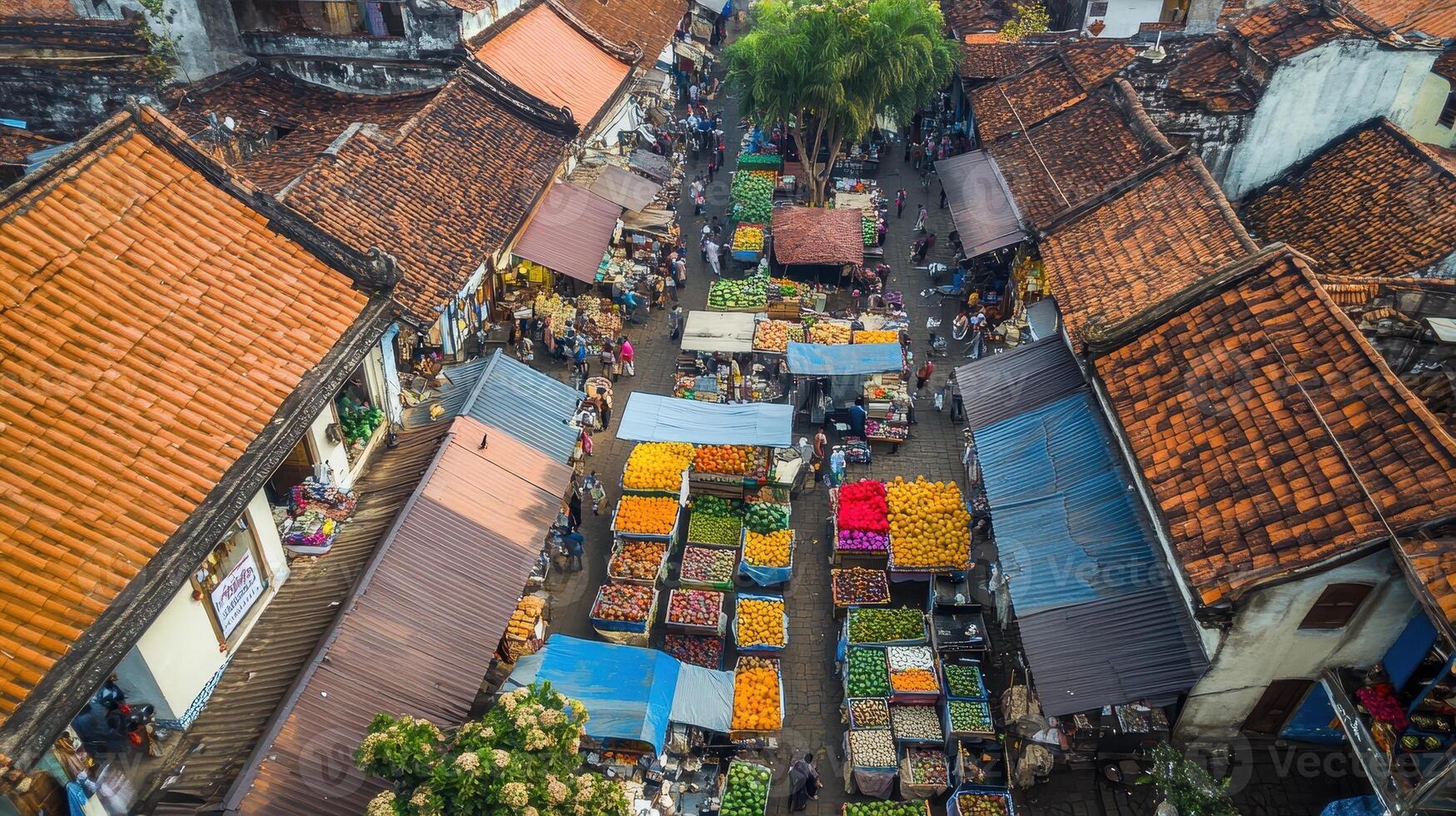 A vibrant market scene with colorful stalls and bustling activity in a traditional setting photo