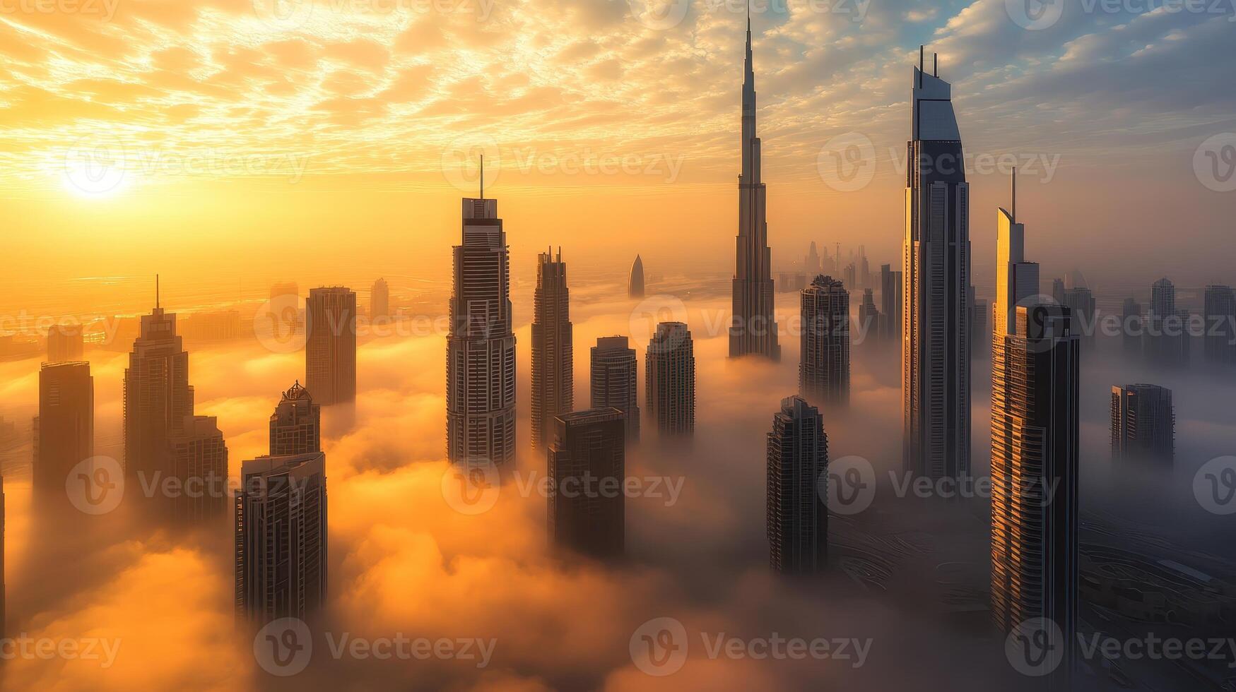 A stunning aerial view of a city skyline at sunrise, shrouded in mist and clouds photo
