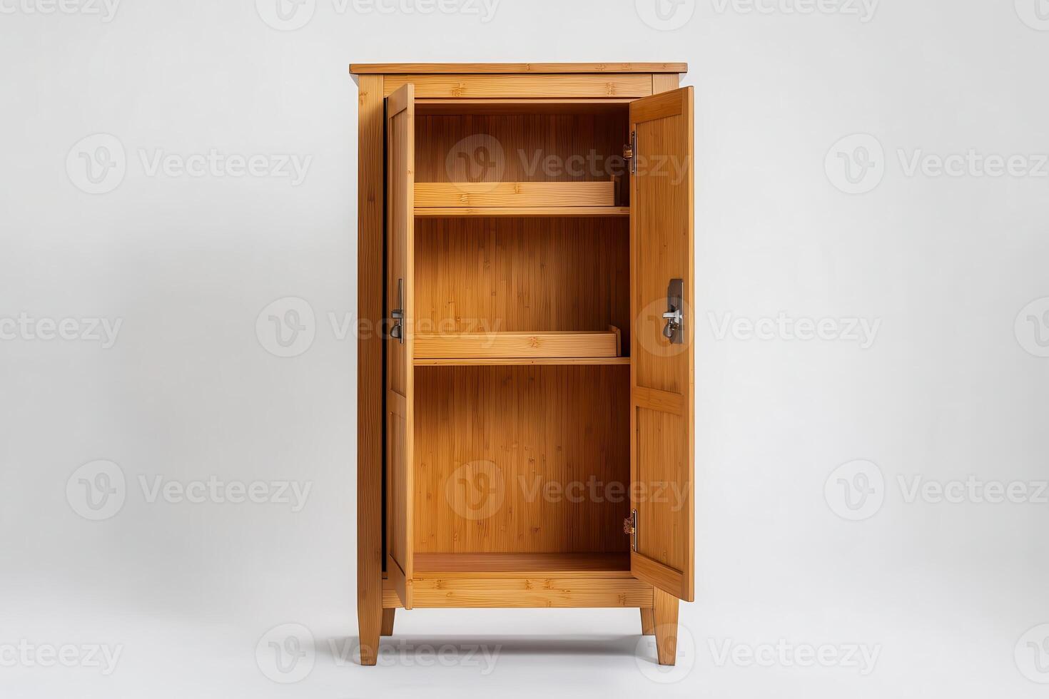 A wooden cabinet with open doors and empty shelves, showcasing storage space. photo