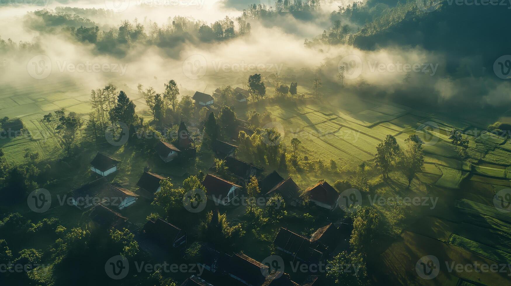 Aerial view of a misty village surrounded by lush green fields and trees. photo