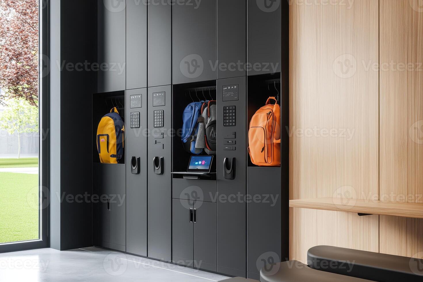 Modern lockers with backpacks and a touchscreen interface in a sleek interior space photo