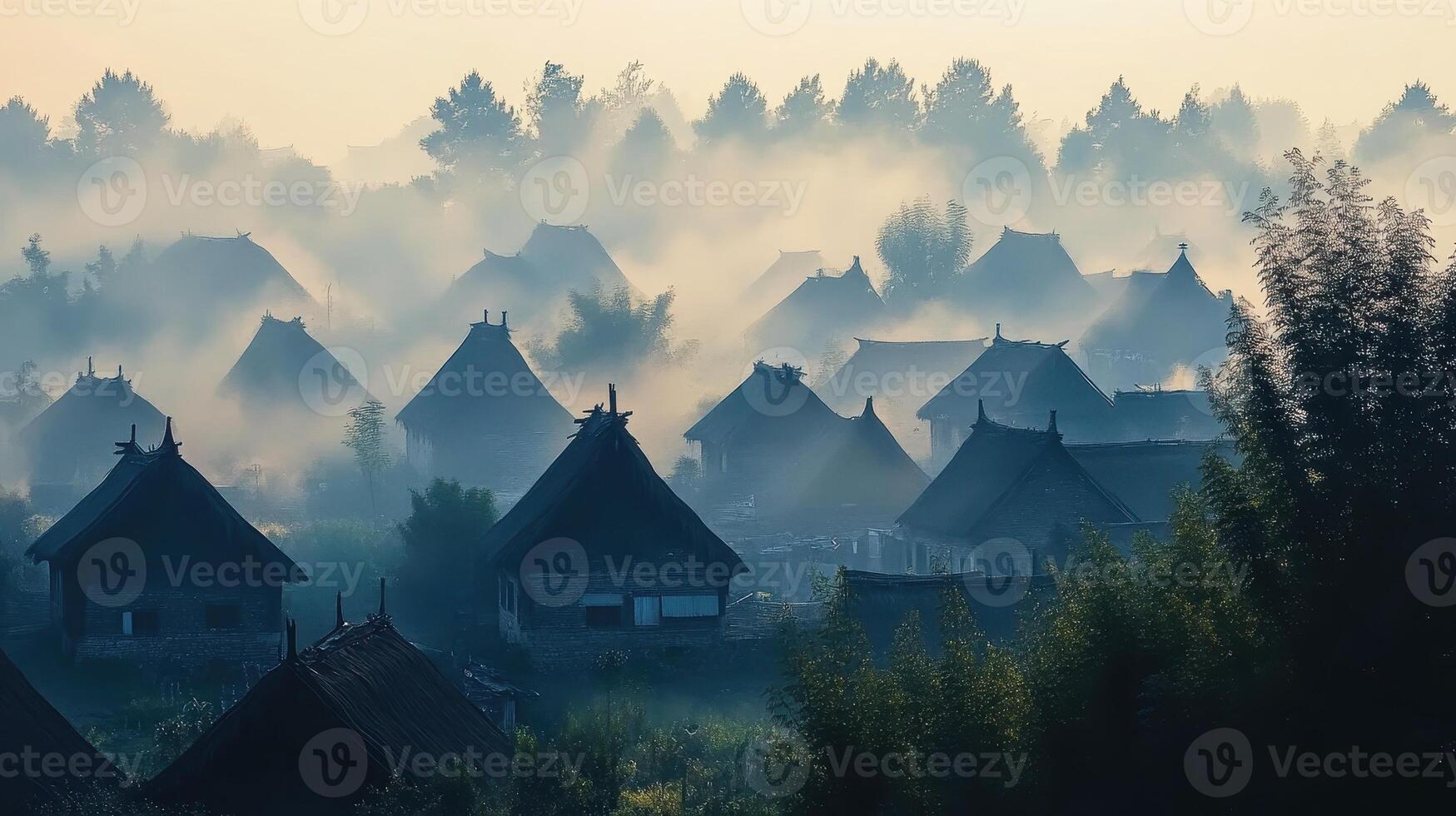 Misty village landscape with traditional thatched-roof houses surrounded by fog. photo