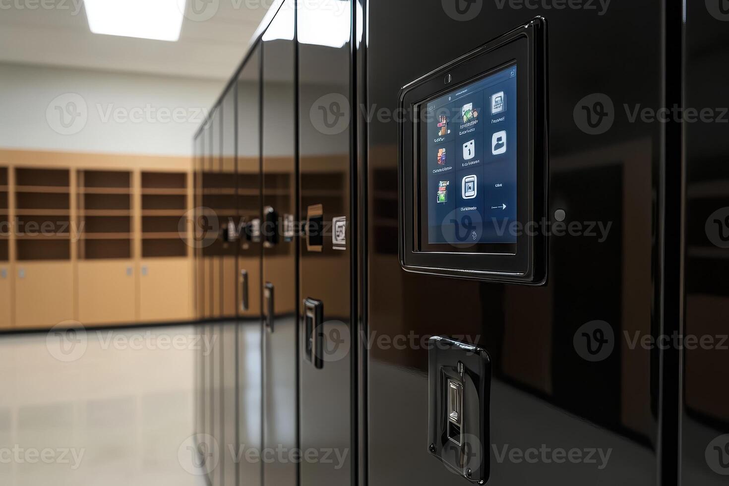 Modern lockers with digital interfaces in a spacious interior photo