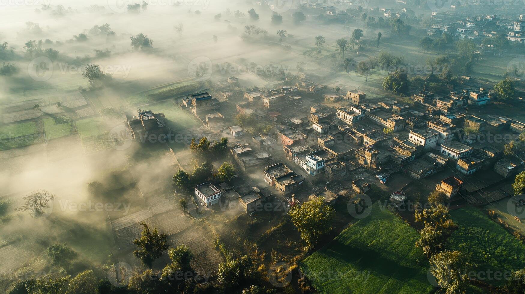 Aerial view of a misty village surrounded by fields at dawn. photo