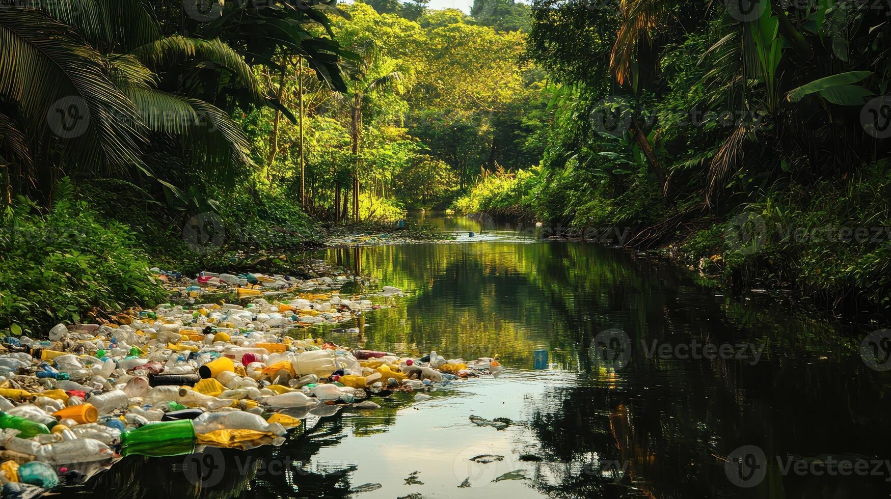 A polluted river surrounded by lush greenery, highlighting environmental degradation. photo