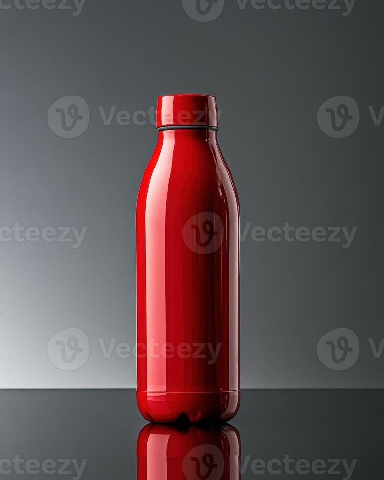 A glossy red bottle standing upright against a gradient background photo