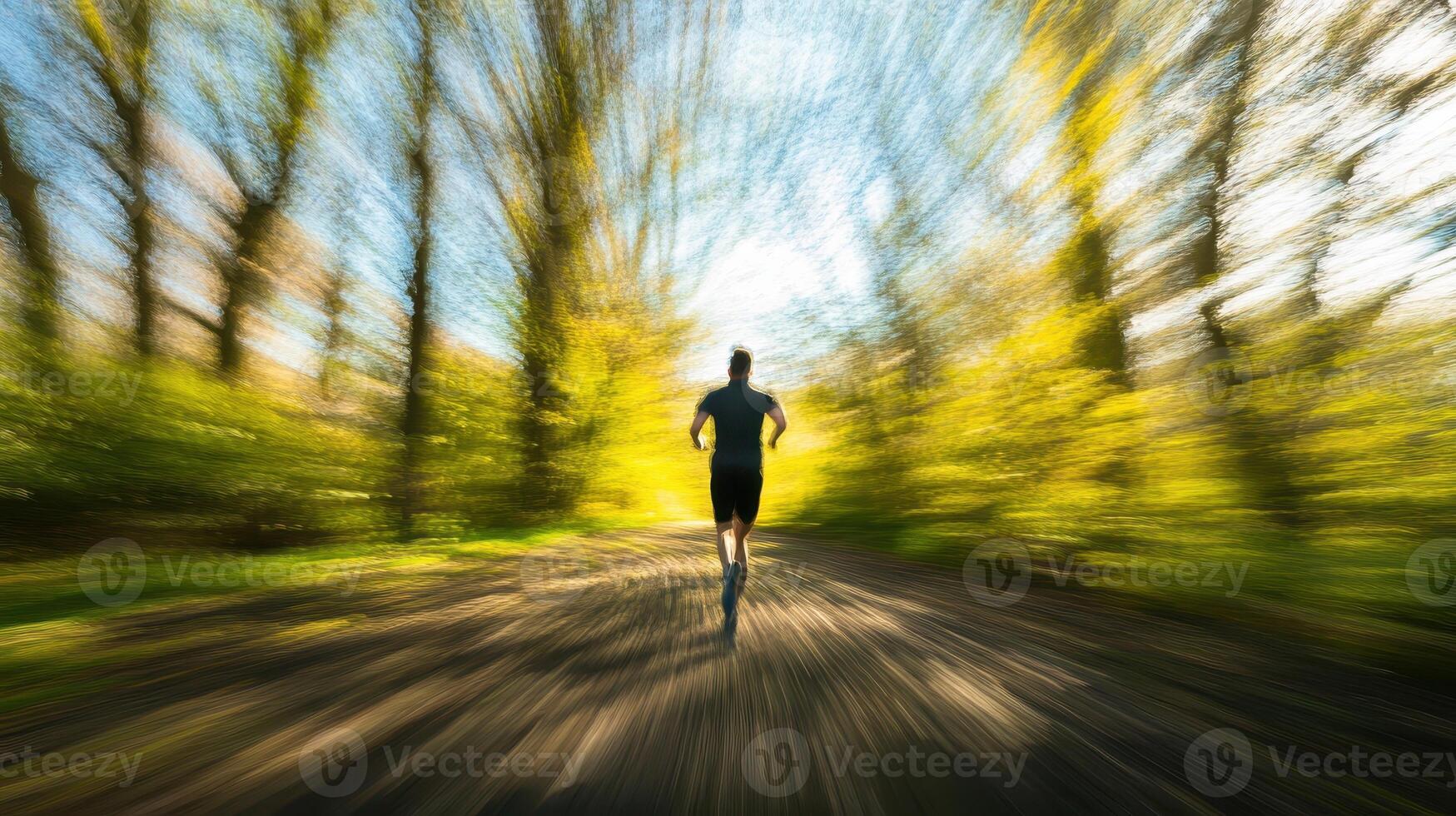 A person running through a vibrant, blurred forest path, capturing motion and energy. photo