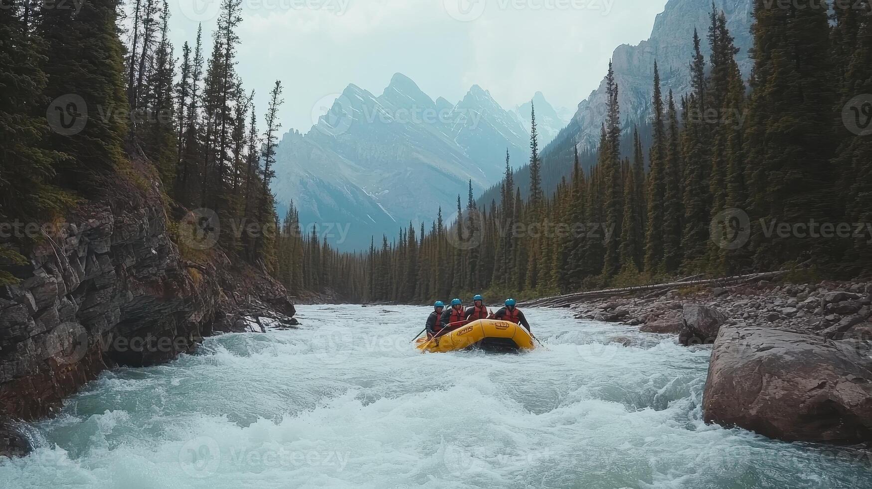 A group rafting in a river surrounded by towering mountains and dense forests. photo