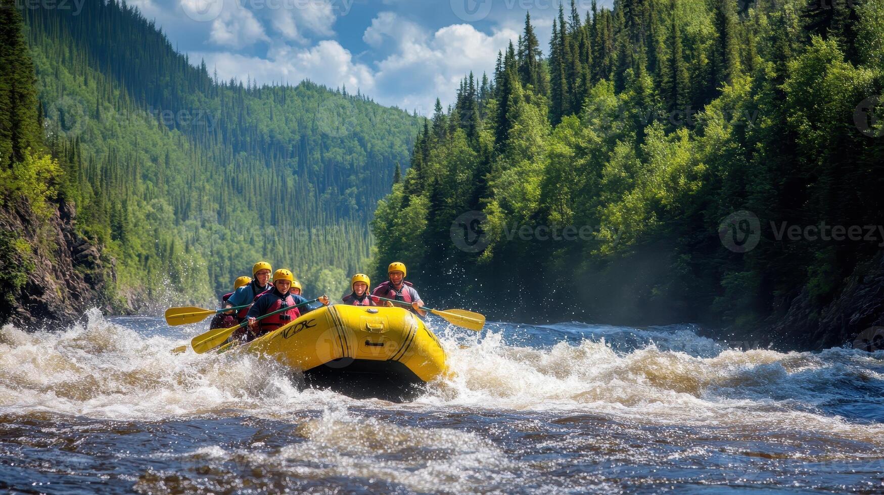 A group of people white-water rafting in a scenic river surrounded by lush greenery. photo