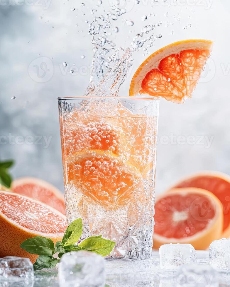 A refreshing drink with grapefruit slices splashing in a glass, surrounded by ice and fruit. photo